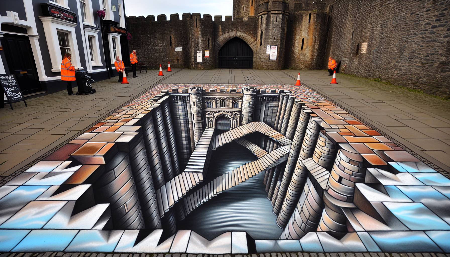 Chalk Artist Creates Optical Illusion at Caerphilly Castle: image
